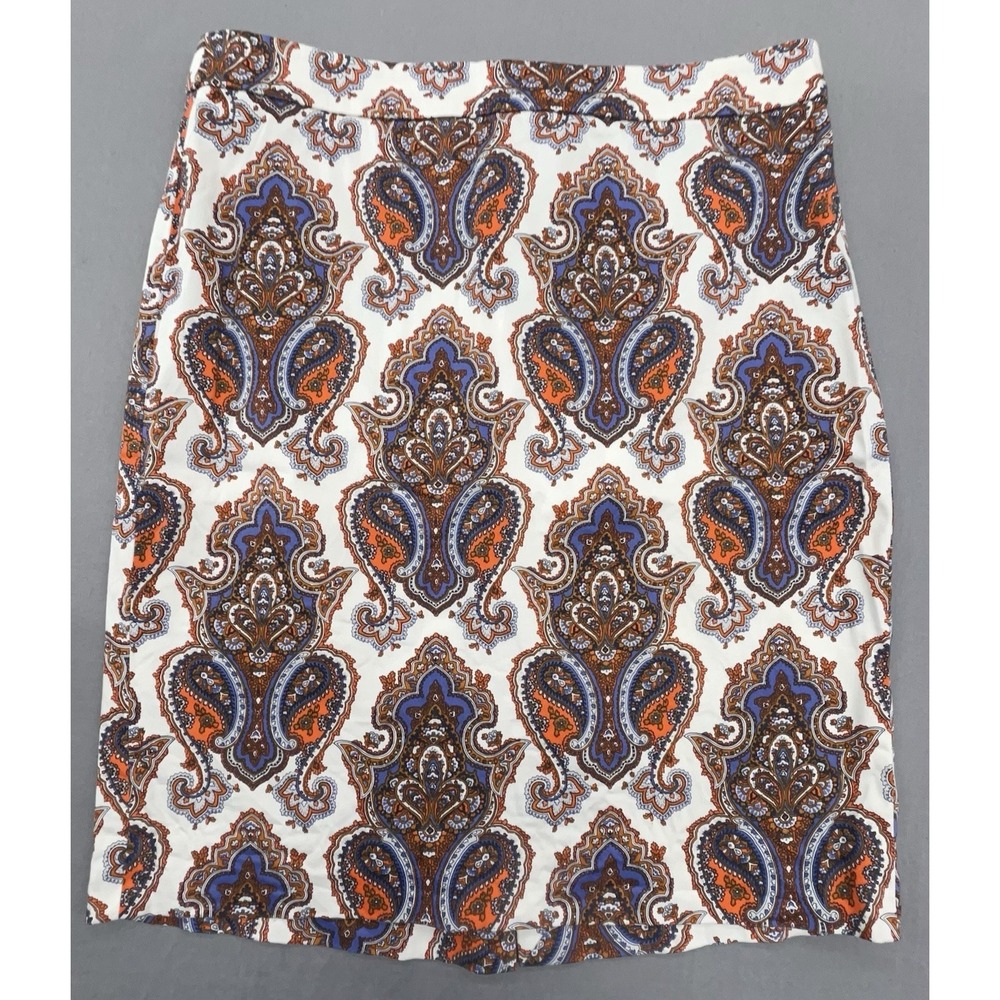 J Crew Pencil Skirt 6 White Multicolor Paisley Cotton Stretch Preppy Classic